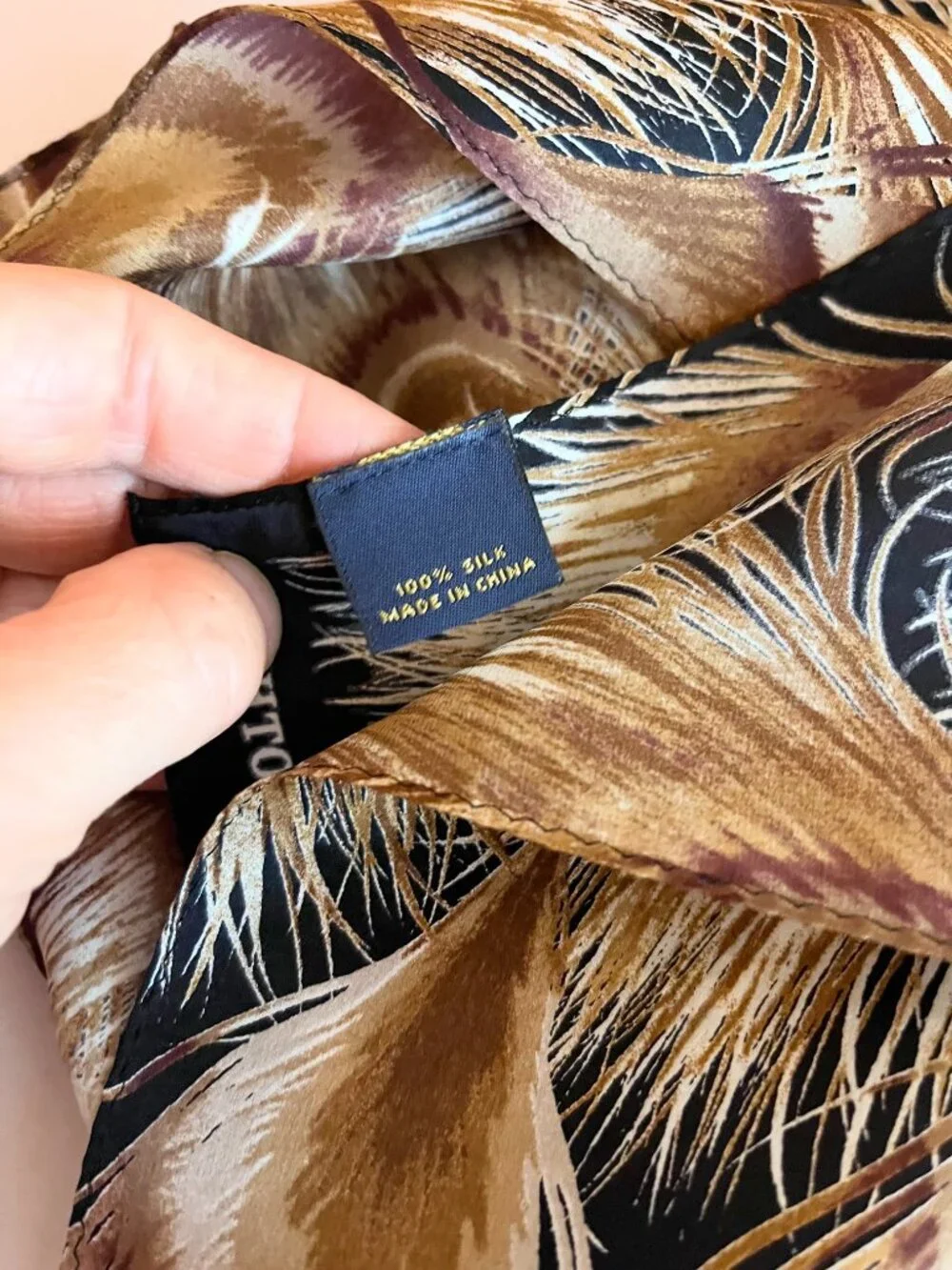 Brooks Brothers Silk Scarf Feathers Print Black Brown White 11x52